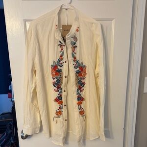 Manly Embroidered Floral Button-Up Shirt - Cream with Red Round Buttons 2XL